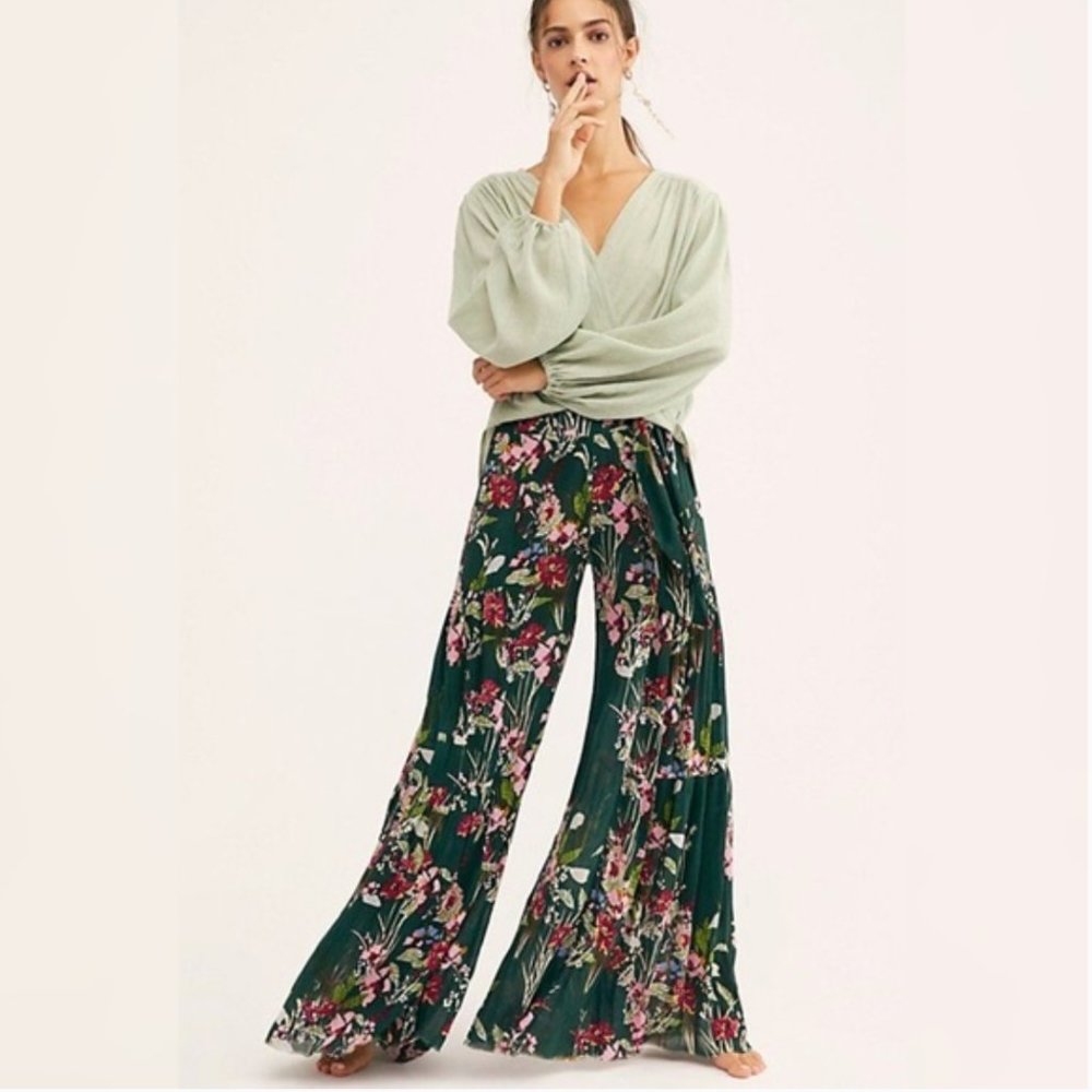 Free People FP One Aloha Wide-Leg Tie Waist Pants Sz Small in Green